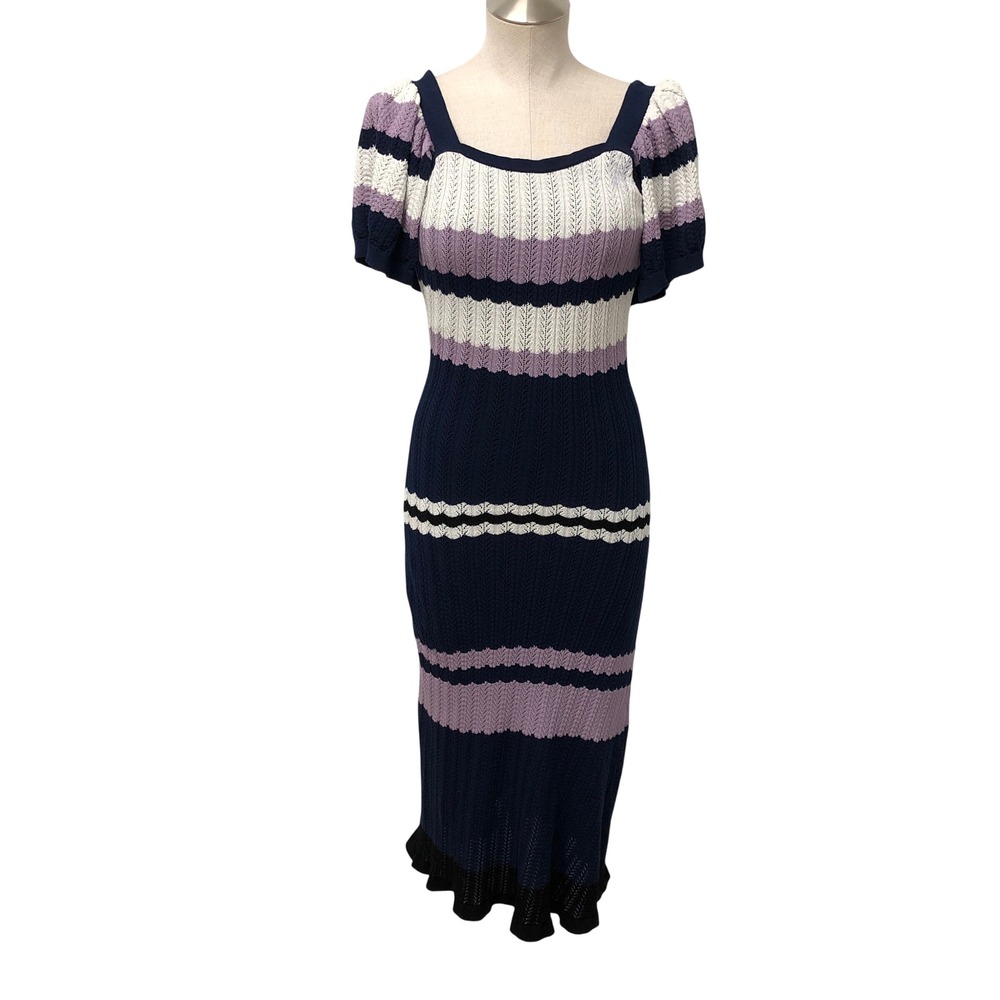 Adam Lippes Knit Midi Dress Womens Small Navy Striped Pointelle Puff R22615CG‎